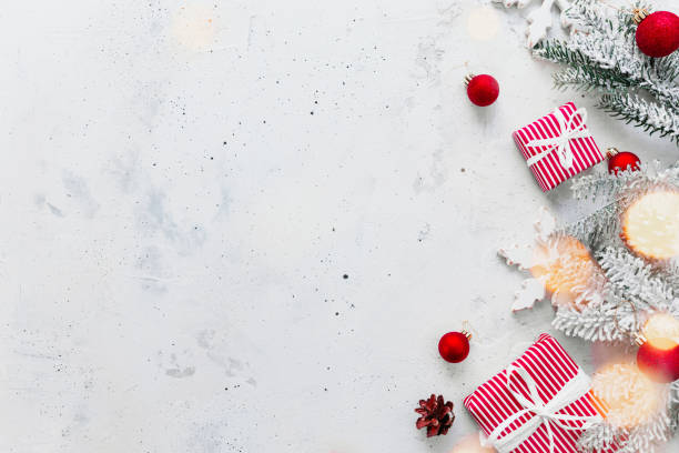 istock Christmas and New Year flat lay with two red white striped present gift boxes 1344713733