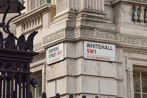 London, United Kingdom - April 30 2021: Whitehall and Downing Street signs detail.