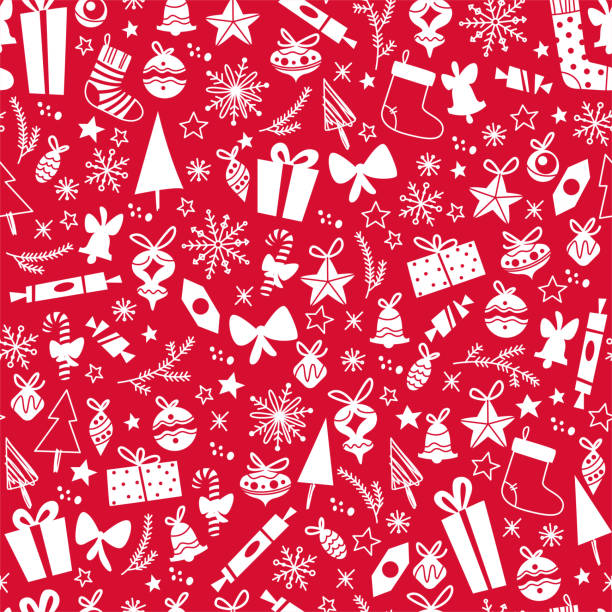 istock Merry Christmas seamless pattern design with gifts, fir trees, toys, snowflakes. 1344714564