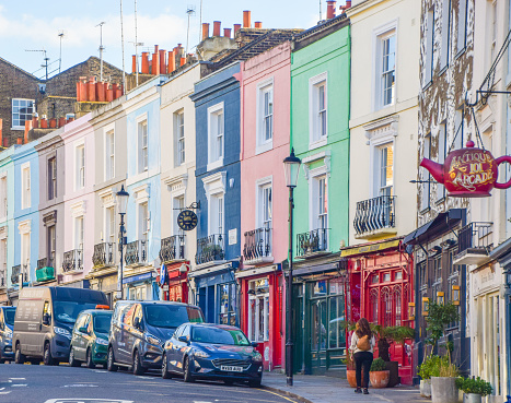 London, United Kingdom - February 26 2021: colourful houses on Portobello Road in Notting Hill.