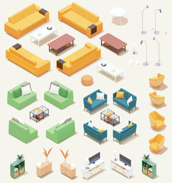 ilustrações, clipart, desenhos animados e ícones de conjunto de móveis de casa isométrico vetorial - office isometric built structure inside of