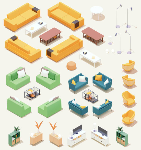 Vector isometric home furniture set Vector isometric home furniture set. Domestic and office furniture and equipment. Sofas, chairs, armchairs, tables, lamps, cabinets and stools bed furniture illustrations stock illustrations