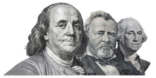 istock Benjamin Franklin, Ulysses S. Grant and  George Washington cut on 100, 50, 1 dollars banknote isolated on white background 1344714788