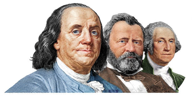 istock Benjamin Franklin, Ulysses S. Grant and  George Washington cut on 100, 50, 1 dollars banknote isolated on white background 1344714789