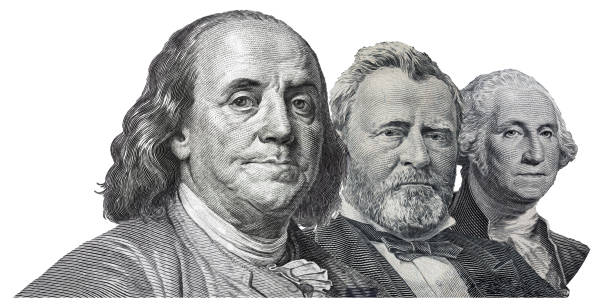 istock Benjamin Franklin, Ulysses S. Grant and  George Washington cut on 100, 50, 1 dollars banknote isolated on white background 1344714807