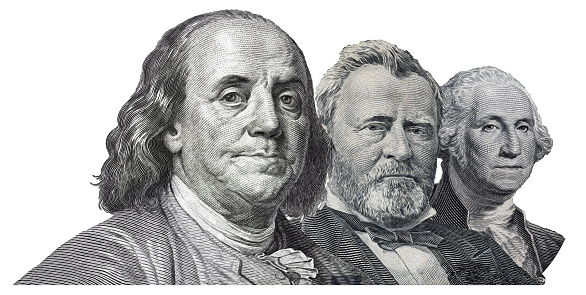 Benjamin Franklin, Ulysses S. Grant and  George Washington cut on 100, 50, 1 dollars banknote isolated on white background