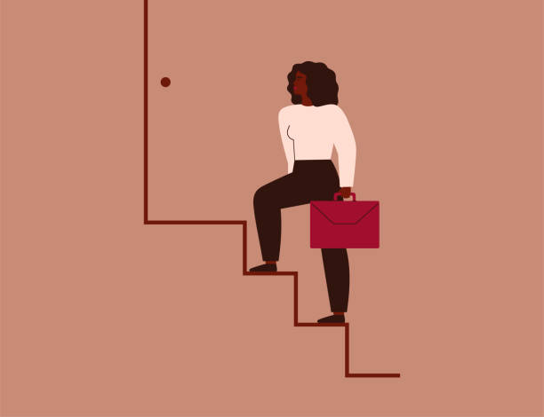 illustrazioni stock, clip art, cartoni animati e icone di tendenza di donna d'affari afroamericana che sale sulla scala della carriera. strong woman fa passo dopo passo avanti verso il successo. le donne imprenditrici si alzano sulla scalinata. - la scala del successo