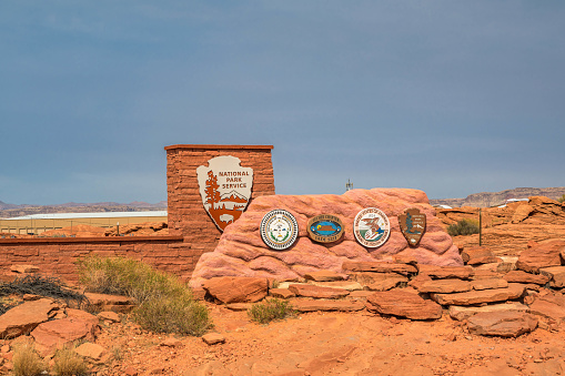 Glen Canyon NR, AZ, USA - Sept 26, 2020: A welcoming signboard at the entry point of the preserve park