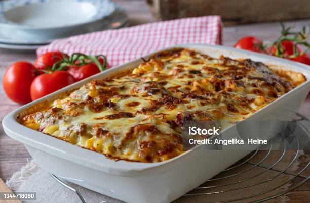 Pasta Casserole With Bolognese And Bechamel Sauce And Mozzarella Cheese Topping Stock Photo - Download Image Now