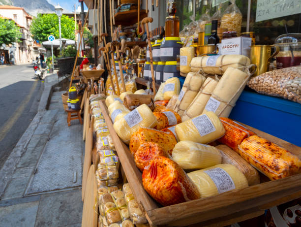 Formaella Greek cheese, produced only in the village of Arachova, and other Greek products in the village store in Parnassus Arahova, Greece. October 2021: Formaella Greek cheese, produced only in the village of Arachova, and other Greek products in the village store in Parnassus arachova greece stock pictures, royalty-free photos & images