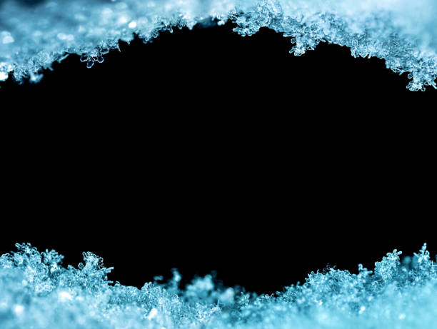 istock Natural snow texture with snowflakes close-up, isolated on black background with space for text in the center. Template for holiday gift cards. Macro texture of snow. Big large size. 1344720873