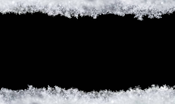 istock Natural snow texture with snowflakes close-up, isolated on black background with space for text in the center. Template for holiday gift cards. Macro texture of snow. Big large size. 1344720954
