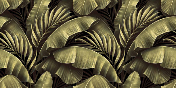 Golden seamless pattern with shiny banana leaves, palm. Tropical exotic vintage hand-drawn 3d illustration. Premium bright background art design. Luxury wallpapers, mural, clothes, fabric printing, poster, tapestry paradise island bahamas stock illustrations