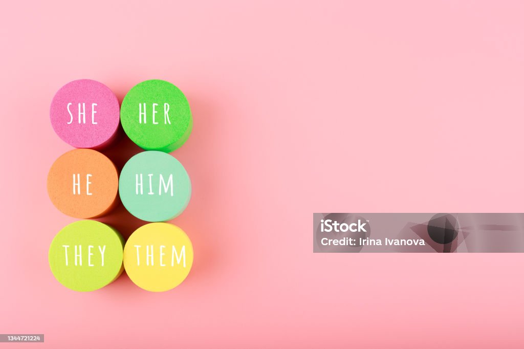 Correct pronouns for different genders on light pink background with copy space Correct pronouns for different genders on light pink background with copy space. Concept of Lgbtq plus, transgender and bigender tolerance, respect and equal rights Pronoun Stock Photo