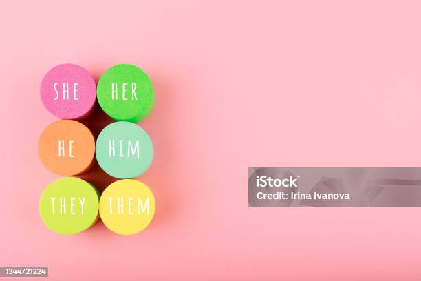 Correct Pronouns For Different Genders On Light Pink Background With Copy Space Stock Photo - Download Image Now
