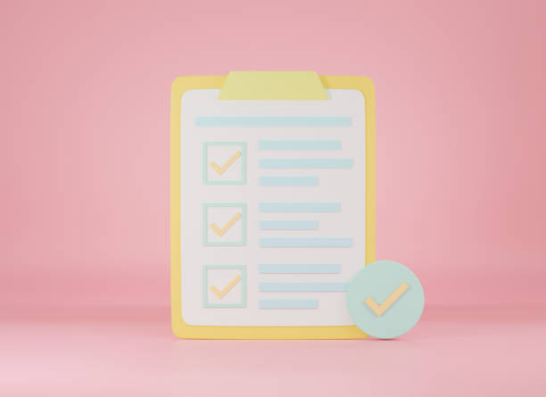 istock Clipboard checklist, survey paper list check marks report document on pink background, sign symbol web site design icon, 3D rendering illustration 1344722874