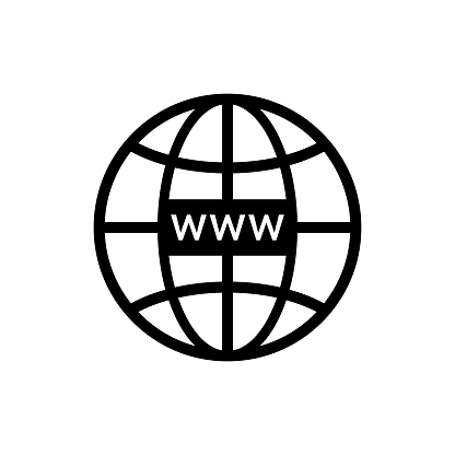 Web site icon. Www symbol for internet domain and url link. Click to link in browser. Online network and communication. Icon of globe with website. Hosting, homepage and search in internet. Vector.