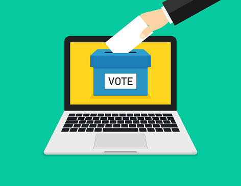 Online vote in laptop. Online poll in computer. Box, hand and ballot for election. Icon for internet vote and registration. Web poll in screen. Choice of voter for political, democracy. Vector.