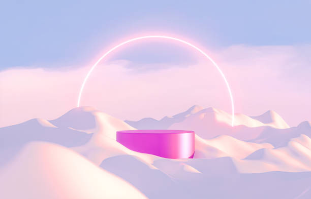 istock Abstract winter landscape scene with product stand and neon light. 1344726413