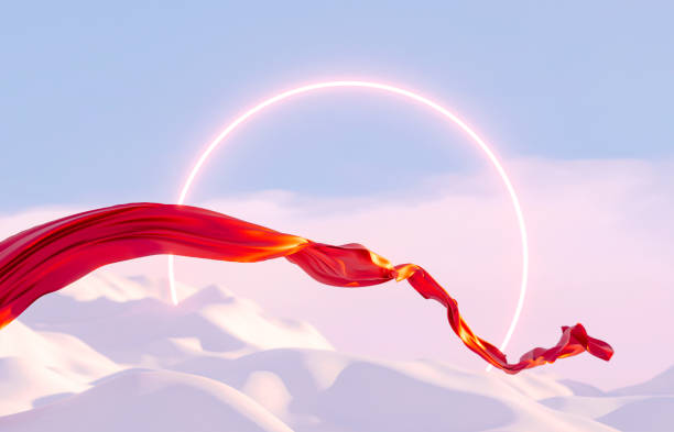 istock Abstract winter landscape scene with flying cloth and neon light. 1344726451