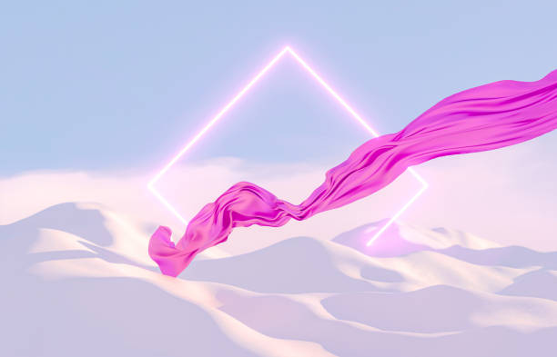 istock Abstract winter landscape scene with flying cloth and neon light. 1344726452