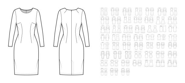 Set of sheath Dresses casual technical fashion illustration with long elbow sleeves, A-line, circular fullness skirt Set of sheath Dresses casual technical fashion illustration with long short elbow sleeves, A-line, circular fullness skirt. Flat apparel front, back, white color style. Women men unisex CAD mockup cardigan clothing template fashion stock illustrations