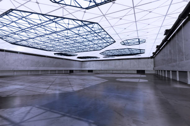 Empty hall exhibition centre. The backdrop for exhibition stands, booth elements.Conversation centre for the conference.Big Arena for entertainment,concert, event. Indoor stadium for sports.3d render. sala vacía del centro de exposiciones. el telón de fondo para los stands de exposición, os del stand. centro de conversación para la conferencia. gran arena para entretenimiento, concierto, evento. estadio cubierto para deportes.3d render.