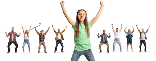 istock Happy child and young and elderly people gesturing happiness 1344729622