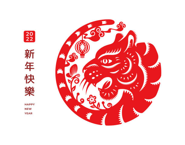 CNY tiger zodiac banner with flowers arrangements, clouds and lantern, Happy Chinese New Year text translation. Vector floral ornament and wild cat, astrology sign papercut oriental design element vector art illustration