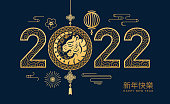 istock CNY 2022 Happy Chinese New Year text translation, golden tiger cat, lanterns and clouds, flower arrangements on blue background. Vector lunar festival decorations, China spring holiday mascots 1344729881