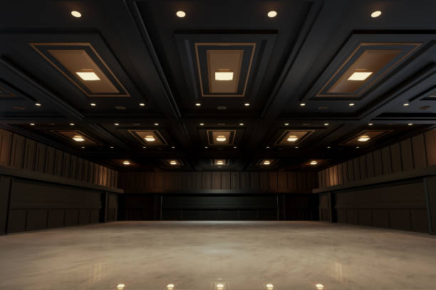 centro vazio do salão de convenções com palco. o pano de fundo para estandes de exposição, elementos de estande. sala de reunião para a conferência. grande arena para entretenimento, show, evento. salão de .3d render. - empty theater - fotografias e filmes do acervo