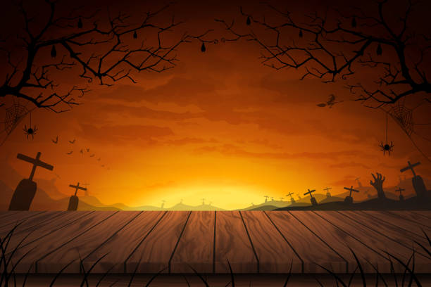 ilustraciones, imágenes clip art, dibujos animados e iconos de stock de ilustración vectorial piso de mesa de madera con tumba de campo ancha en luna llena un fondo de noche aterradora para halloween - halloween background