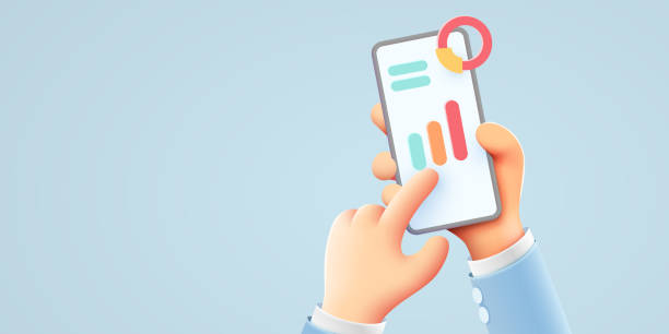 istock Market trend graphs and business analysis on smartphone. Hand holds phone. Infographic and statistics on screen. 1344730577