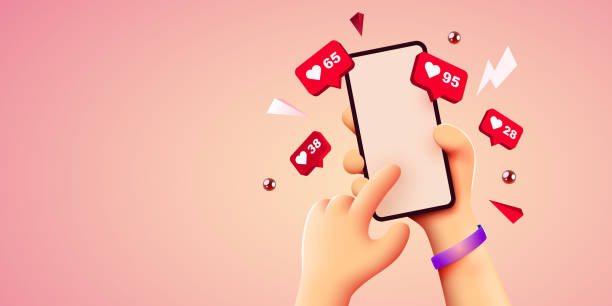 illustrations, cliparts, dessins animés et icônes de mignon smartphone mobile tenant la main de dessin animé 3d avec des icônes de notification j’aime. concept de médias sociaux et de marketing. - réseaux sociaux
