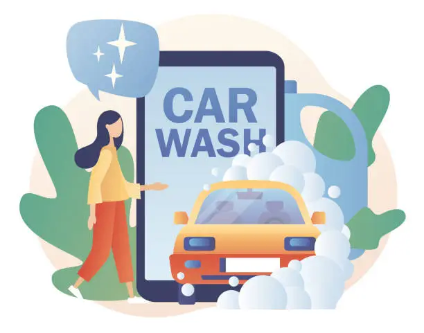 Vector illustration of Car wash service smartphone app. Tiny people washing automobile with water and foam. Transport is clean. Modern flat cartoon style. Vector illustration on white background