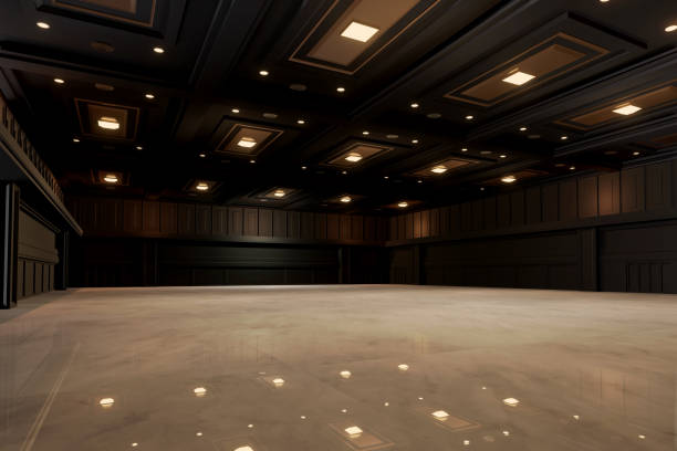 istock Empty convention hall center with stage.The backdrop for exhibition stands,booth elements. Meeting room for the conference.Big Arena for entertainment,concert,event. ballroom.3d render. 1344730889