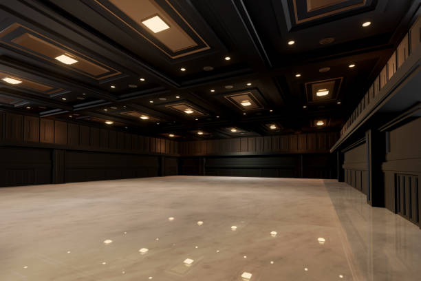 istock Empty convention hall center with stage.The backdrop for exhibition stands,booth elements. Meeting room for the conference.Big Arena for entertainment,concert,event. ballroom.3d render. 1344730890