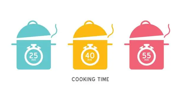 Vector illustration of Meal Timer logo design. 5 minutes cook in boiling saucepan, fry pan,  microwave watt and oven cooker.