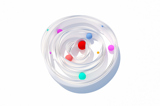 Multicolored spheres between circular white soft ribbons, CGI.