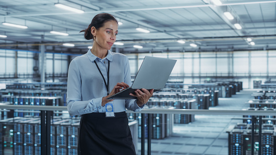 Data Center Engineer Using Laptop Computer Server Farm Cloud Computing ...