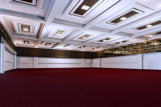 istock Empty convention hall center with stage.The backdrop for exhibition stands,booth elements. Meeting room for the conference.Big Arena for entertainment,concert,event. ballroom.3d render. 1344732229