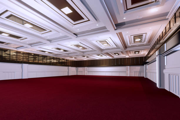 Empty convention hall center with stage.The backdrop for exhibition stands,booth elements. Meeting room for the conference.Big Arena for entertainment,concert,event. ballroom.3d render.