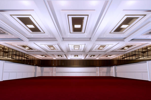 istock Empty convention hall center with stage.The backdrop for exhibition stands,booth elements. Meeting room for the conference.Big Arena for entertainment,concert,event. ballroom.3d render. 1344732252