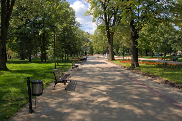 Vranje, Serbia - September,7.2021: The city park has been recently renovated and beautified with flowers and a fountain.  Vranje  is a city and the administrative center of the Pcinja District in southern Serbia.