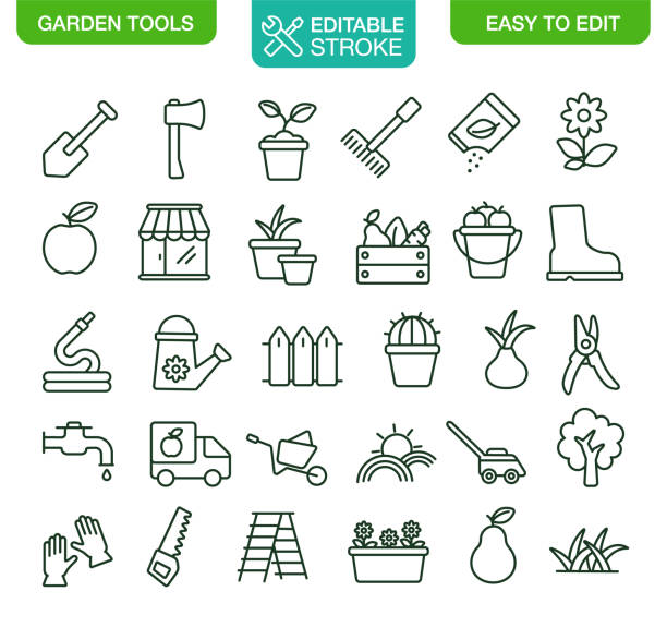 ilustraciones, imágenes clip art, dibujos animados e iconos de stock de iconos de herramientas de jardinería trazo editable - rastrillo artículos de jardín