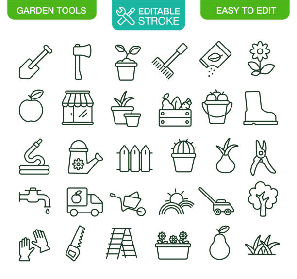 ilustrações, clipart, desenhos animados e ícones de ferramentas de jardinagem ícones stroke editável - flower pot gardening glove glove protective glove