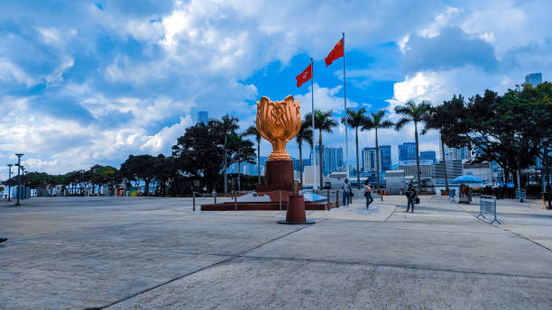 Hong Kong, September 2021 : The Golden Bauhinia Square is an open area in Wan Chai on Hong Kong Island. which is the symbol of Hong Kong. Located outside the Hong Kong Convention and Exhibition Centre