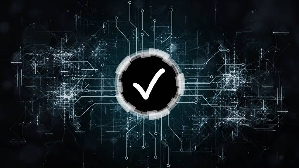 istock OK symbol centered into HUD elements between information connecting lines on dark background - quality control information technology concept 1344733561