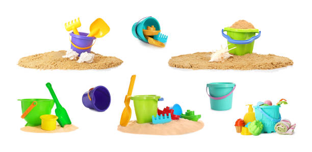 istock Set of different plastic beach toys on white background 1344733629