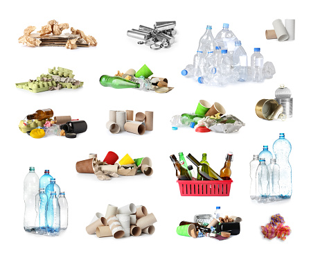 Set of piles with different garbage on white background. Waste management and recycling
